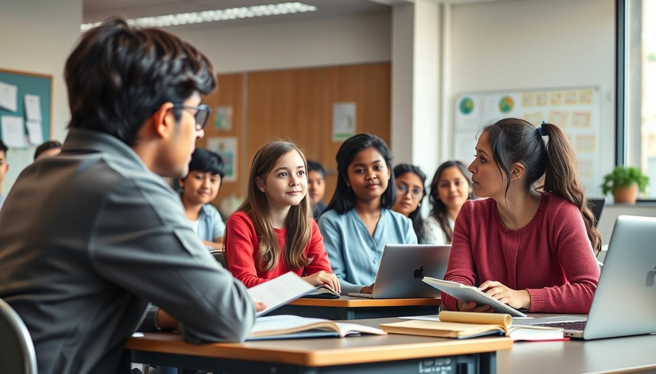 Students studying together in modern classroom